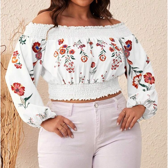 Boho Plus Size Off Shoulder Floral Print Smocked Cropped Top Shirt Blouse White - Picture 5 of 6